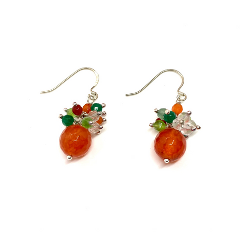 Natural orange carnelian earrings with carnelians, peridots, agates, rock crystal quartz and jade cluster, gifts for her, gemstone earrings