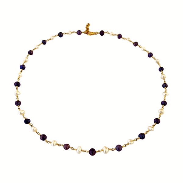 Perle - Zierliche natürliche weiße und blaue Perlen und goldene Halskette, Brautjungferngeschenk