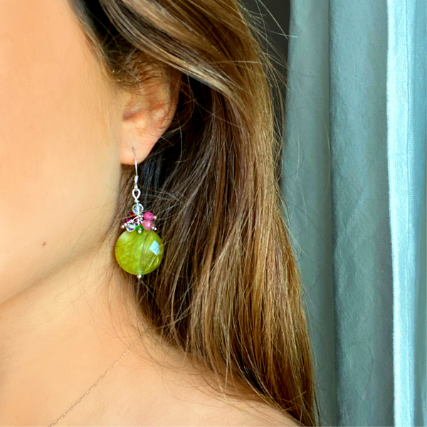Natural vivid green jade earrings, dangle gemstone earrings with a cluster of tiny pink, green and crystal gems, minimalist, gifts for her