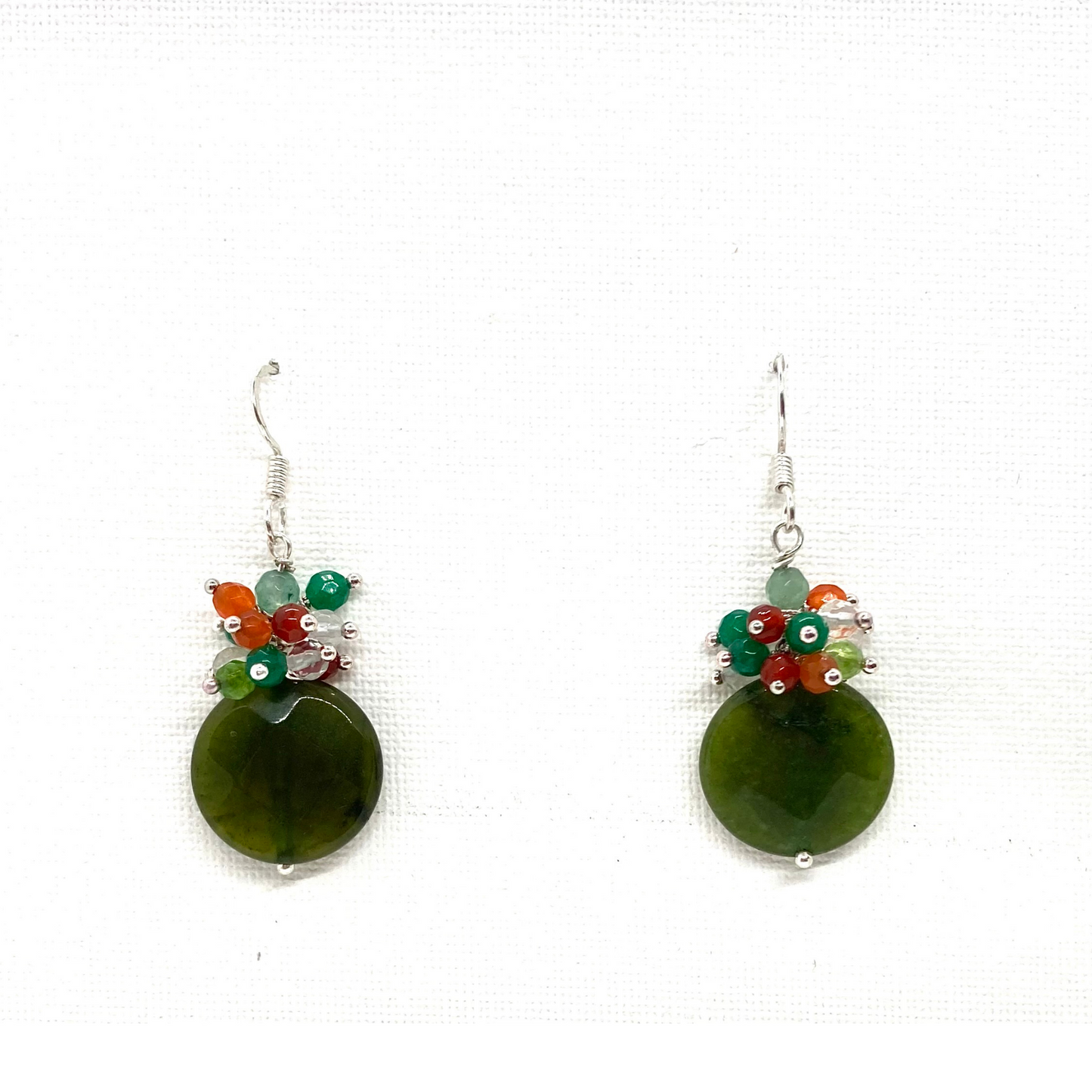 Natural dark green jade earrings, dangle gemstone earrings with a cluster of tiny orange, green and crystal gems, minimalist, gifts for her