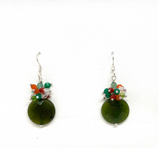 Natural dark green jade earrings, dangle gemstone earrings with a cluster of tiny orange, green and crystal gems, minimalist, gifts for her