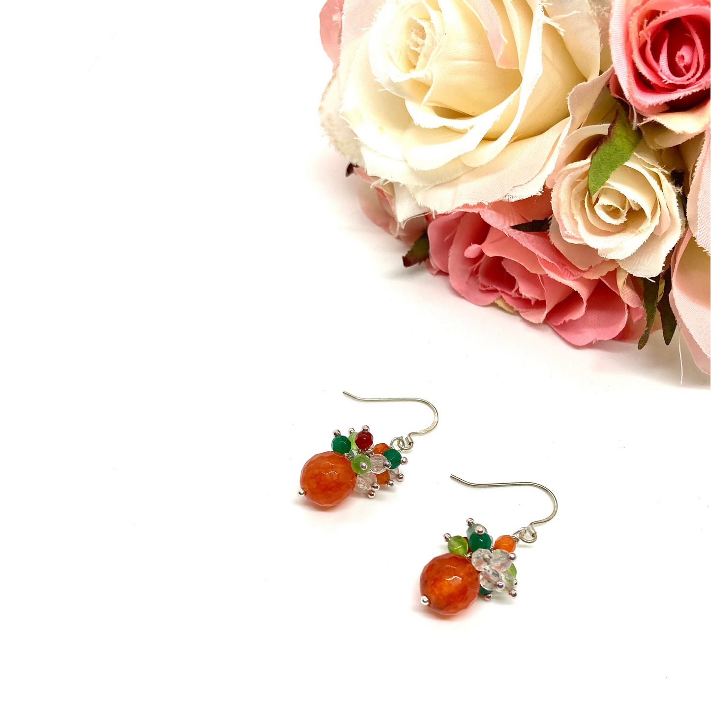 Natural orange carnelian earrings with carnelians, peridots, agates, rock crystal quartz and jade cluster, gifts for her, gemstone earrings