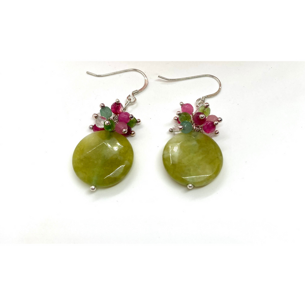 Natural vivid green jade earrings, dangle gemstone earrings with a cluster of tiny pink, green and crystal gems, minimalist, gifts for her
