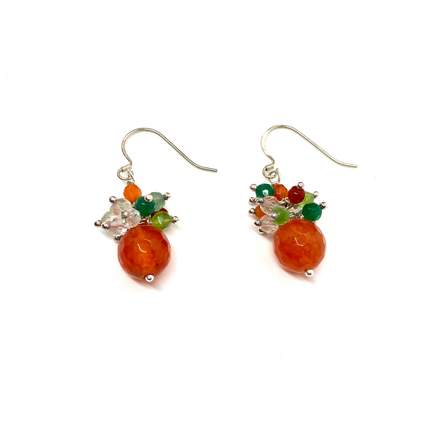 Natural orange carnelian earrings with carnelians, peridots, agates, rock crystal quartz and jade cluster, gifts for her, gemstone earrings