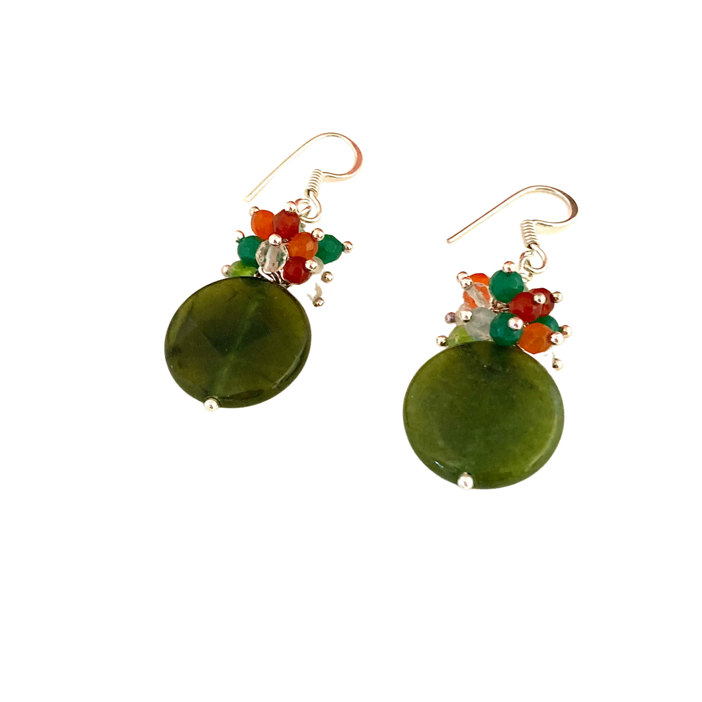 Natural dark green jade earrings, dangle gemstone earrings with a cluster of tiny orange, green and crystal gems, minimalist, gifts for her