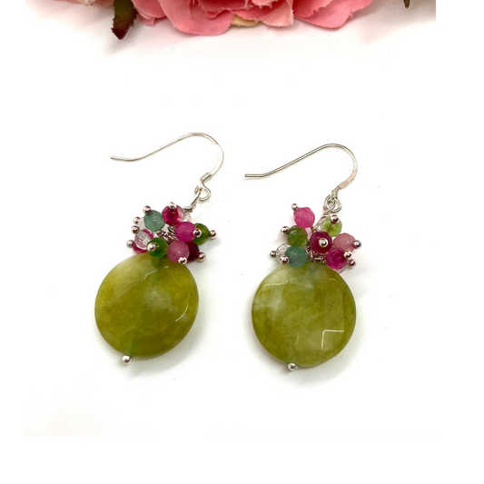 Natural vivid green jade earrings, dangle gemstone earrings with a cluster of tiny pink, green and crystal gems, minimalist, gifts for her