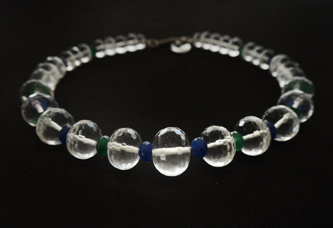 Rock crystal quartz and blue and green jade necklace, nstural gemstones, one of a kind necklace