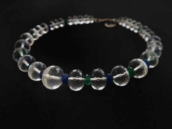 Rock crystal quartz and blue and green jade necklace, nstural gemstones, one of a kind necklace