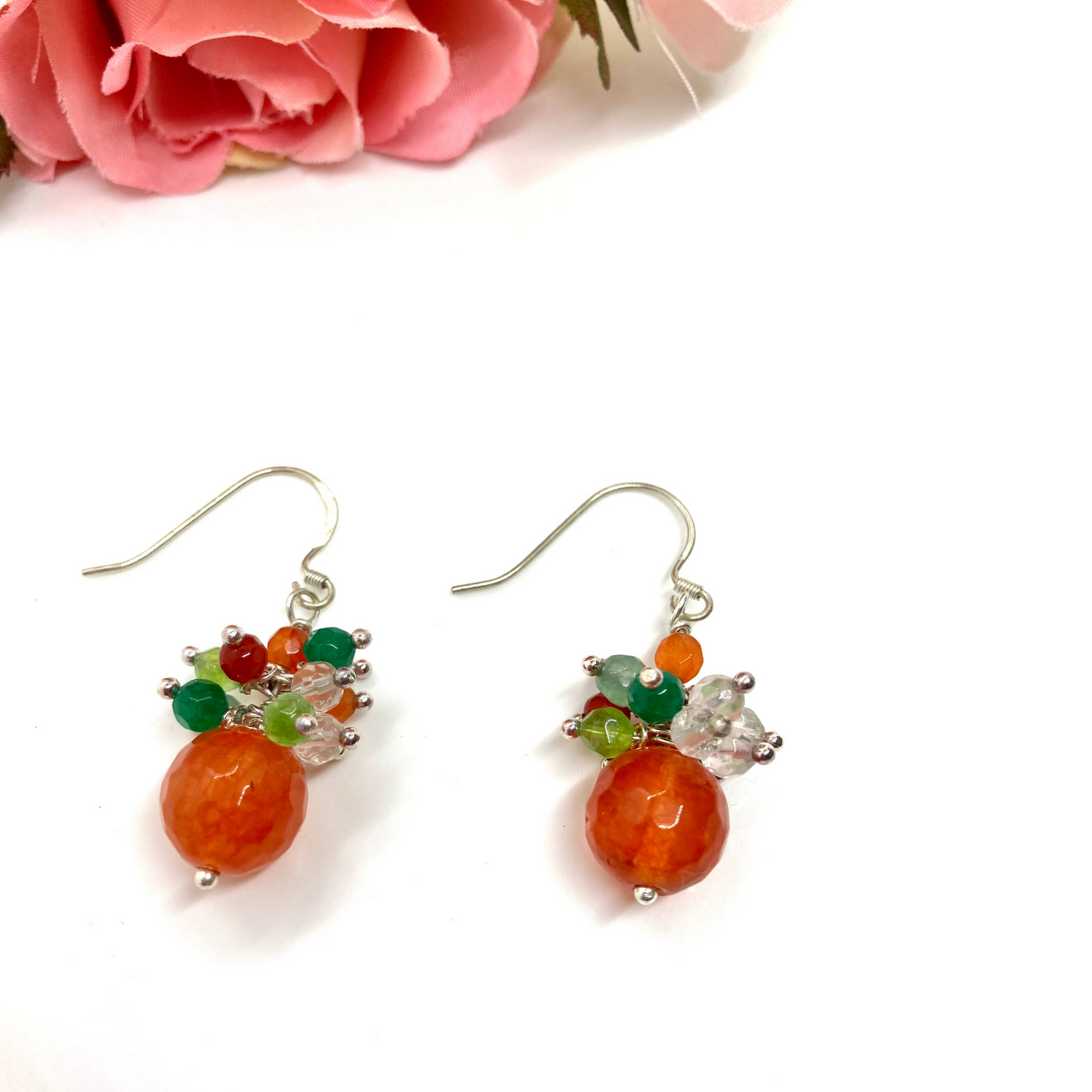 Natural orange carnelian earrings with carnelians, peridots, agates, rock crystal quartz and jade cluster, gifts for her, gemstone earrings