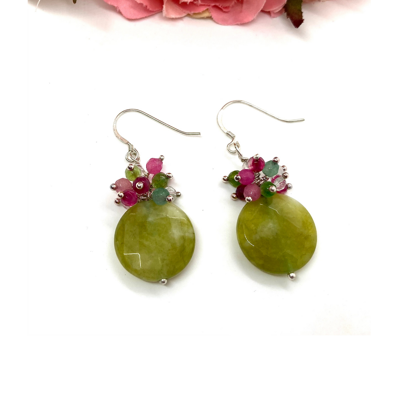 Natural vivid green jade earrings, dangle gemstone earrings with a cluster of tiny pink, green and crystal gems, minimalist, gifts for her