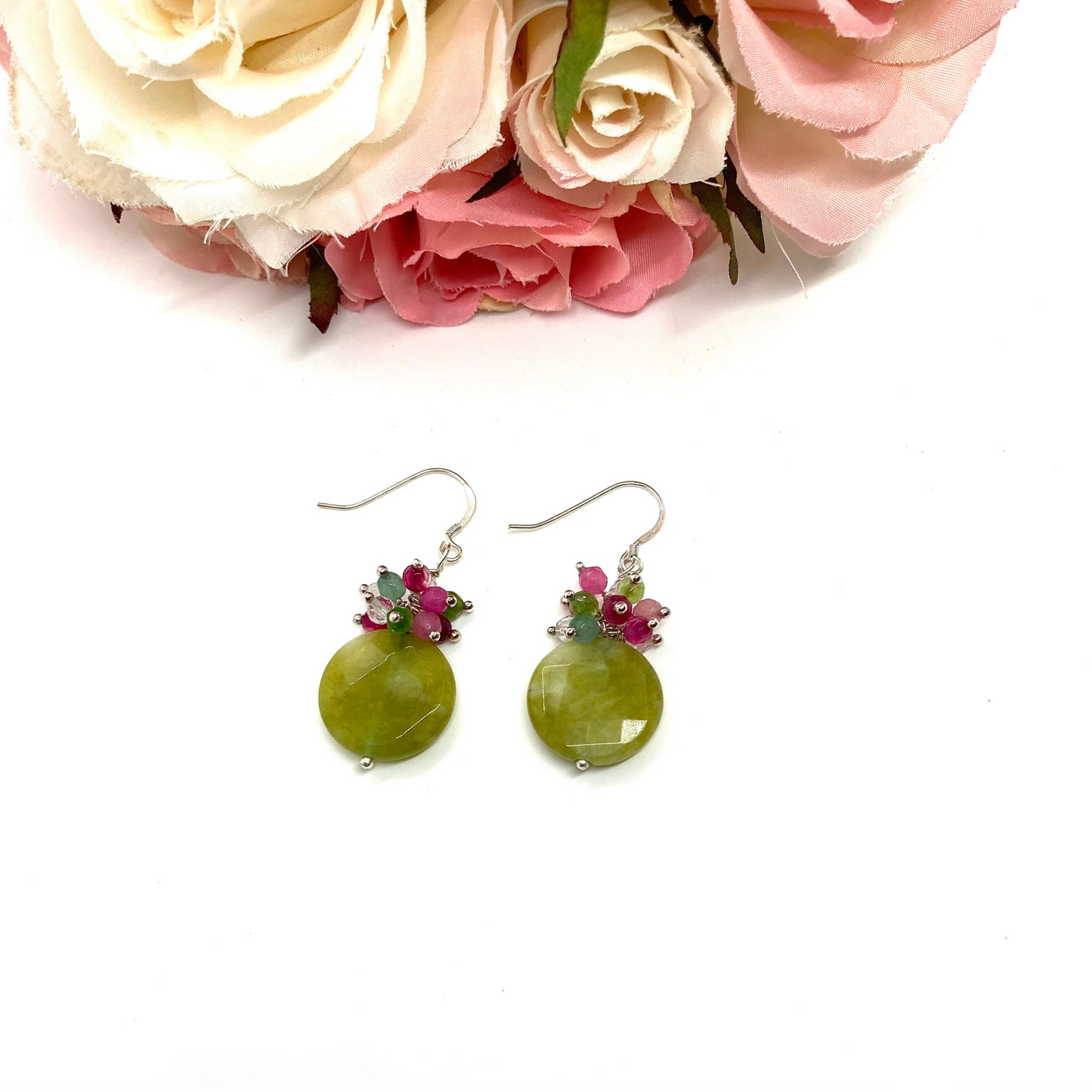 Natural vivid green jade earrings, dangle gemstone earrings with a cluster of tiny pink, green and crystal gems, minimalist, gifts for her