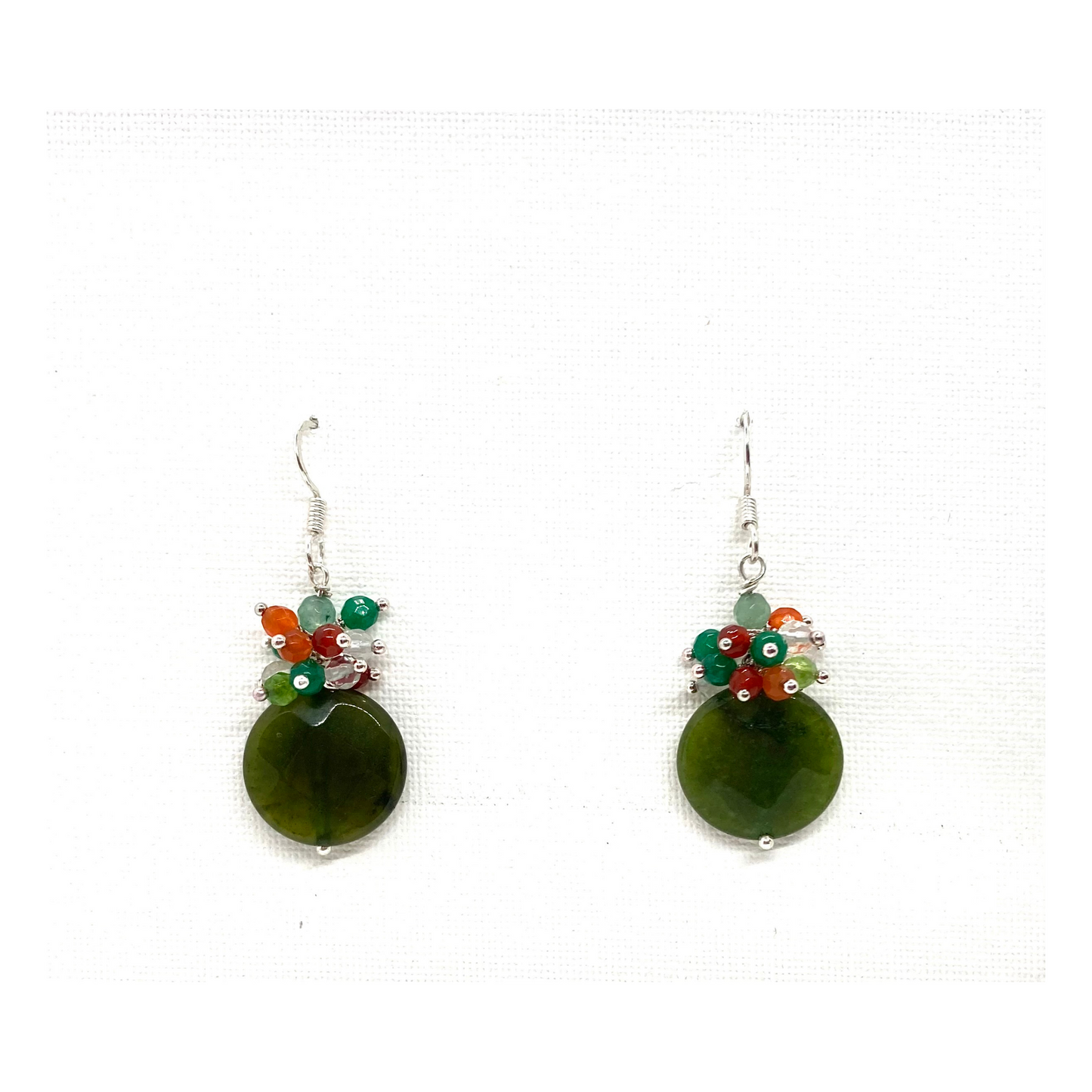 Natural dark green jade earrings, dangle gemstone earrings with a cluster of tiny orange, green and crystal gems, minimalist, gifts for her