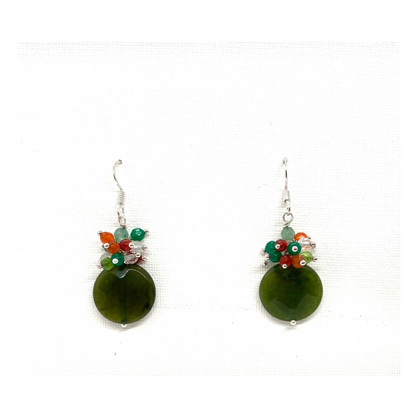 Natural dark green jade earrings, dangle gemstone earrings with a cluster of tiny orange, green and crystal gems, minimalist, gifts for her