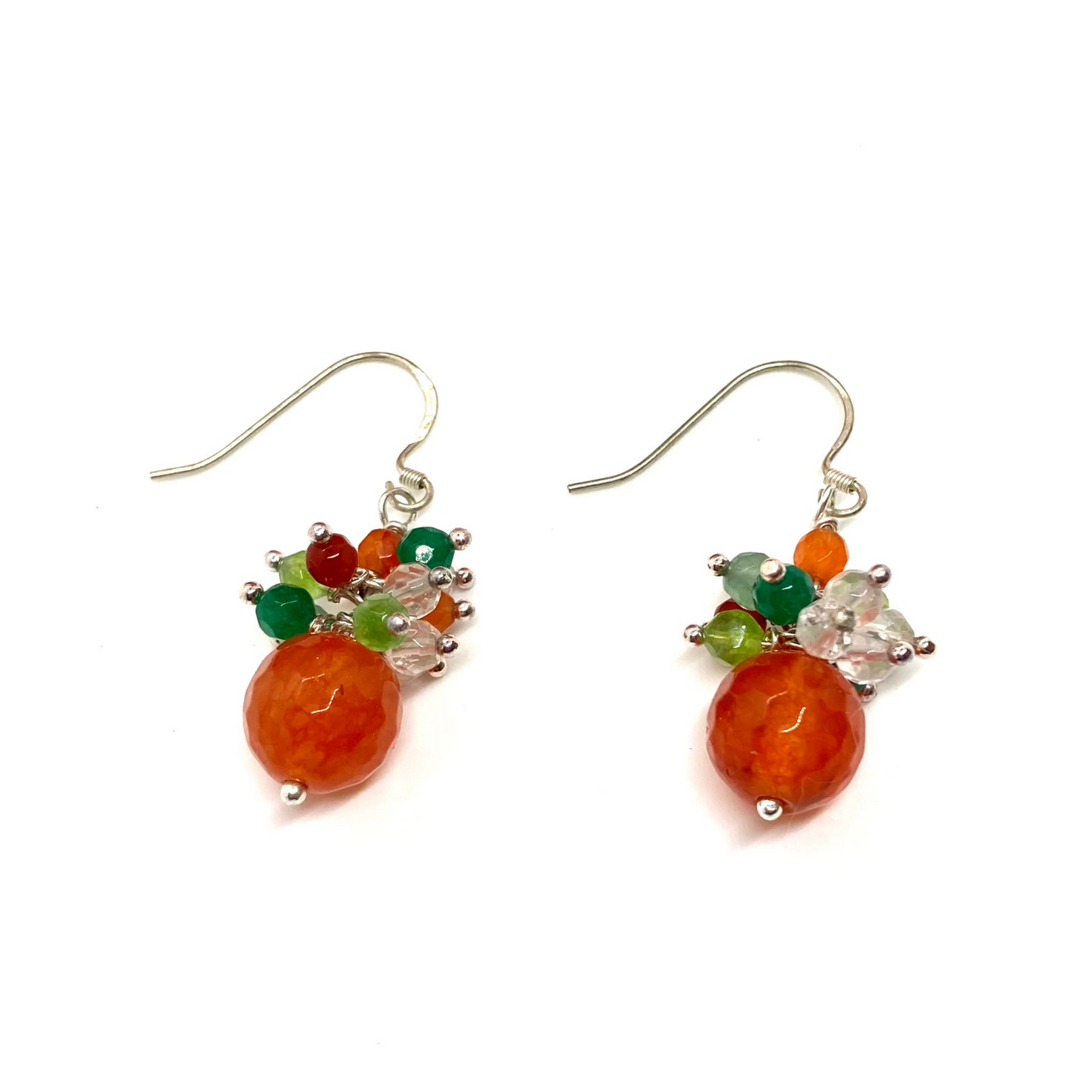 Natural orange carnelian earrings with carnelians, peridots, agates, rock crystal quartz and jade cluster, gifts for her, gemstone earrings