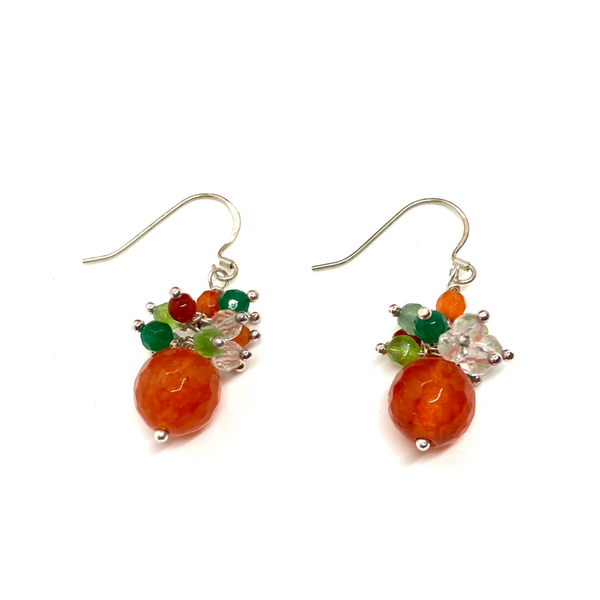Boucles d'oreilles en cornaline orange naturelle avec cornalines, péridots, agates, quartz de cristal de roche et grappe de jade, cadeaux pour elle, boucles d'oreilles en pierres précieuses
