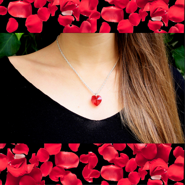 Corazón de cristal de Swarovski con cadena de plata, día de San Valentín, regalos para ella, regalo de novia, el amor está en el aire, sé mi San Valentín, corazón rojo.