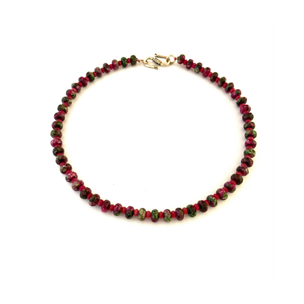 Rubi genuíno em zoisite e colar de rondelles de jade rosa, joias de rubi cru, presentes para ela, colar de birthstone