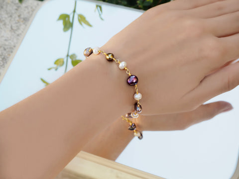 Pérola - Pulseira de pérolas reais multicoloridas delicadas e pulseira de ouro, pulseira de pérola ajustável, presentes para a mãe, joia minimalista