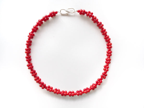Coral - Red crossed coral necklace with sterling silver hook clasp