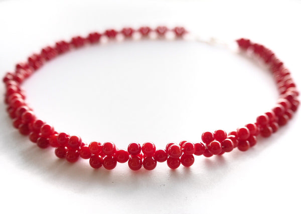 Coral - Red crossed coral necklace with sterling silver hook clasp