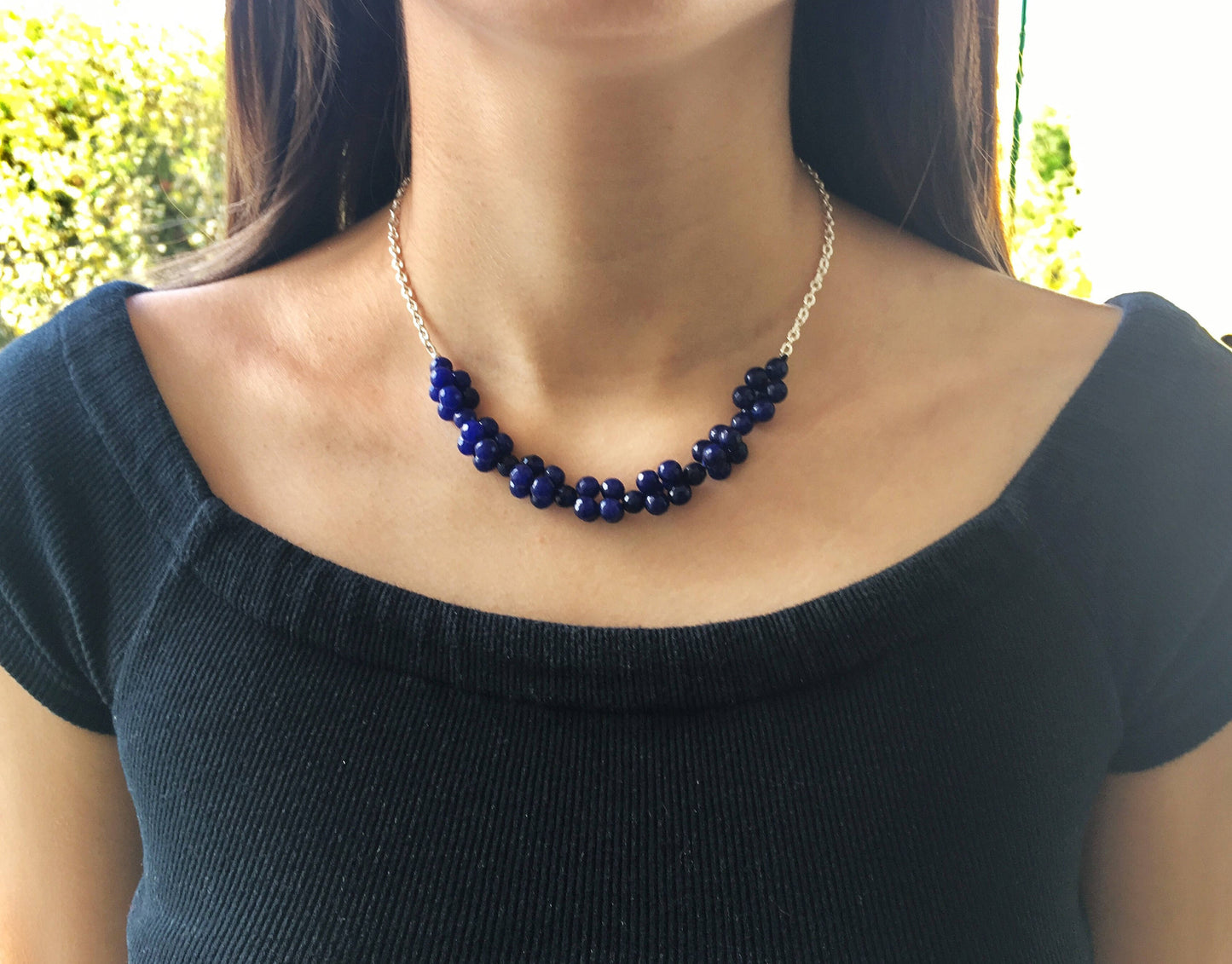 Giada - Collana in giada blu e catena d'argento