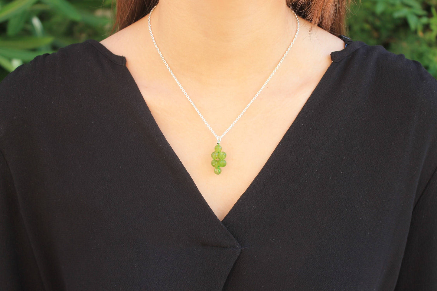 Peridot pendant and silver chain necklace, August and Libra birthstone