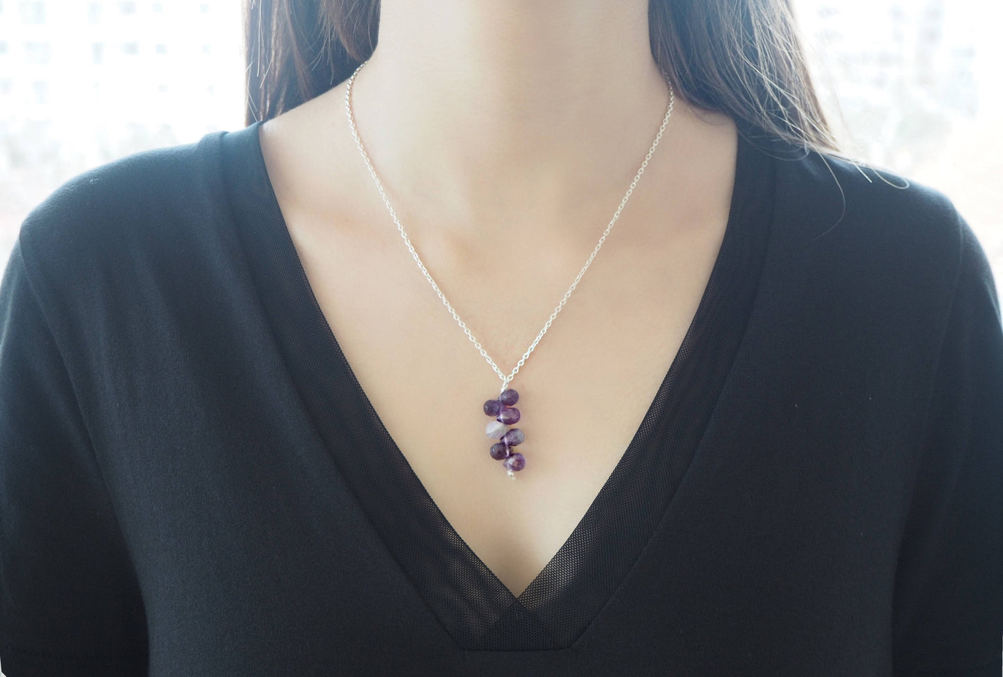 Amethyst-Quarz-Anhänger und Silberketten-Halskette, echte Amethyst-Brioletten, Februar-, Fische- und 6. Jubiläums-Edelstein, Geschenke für sie