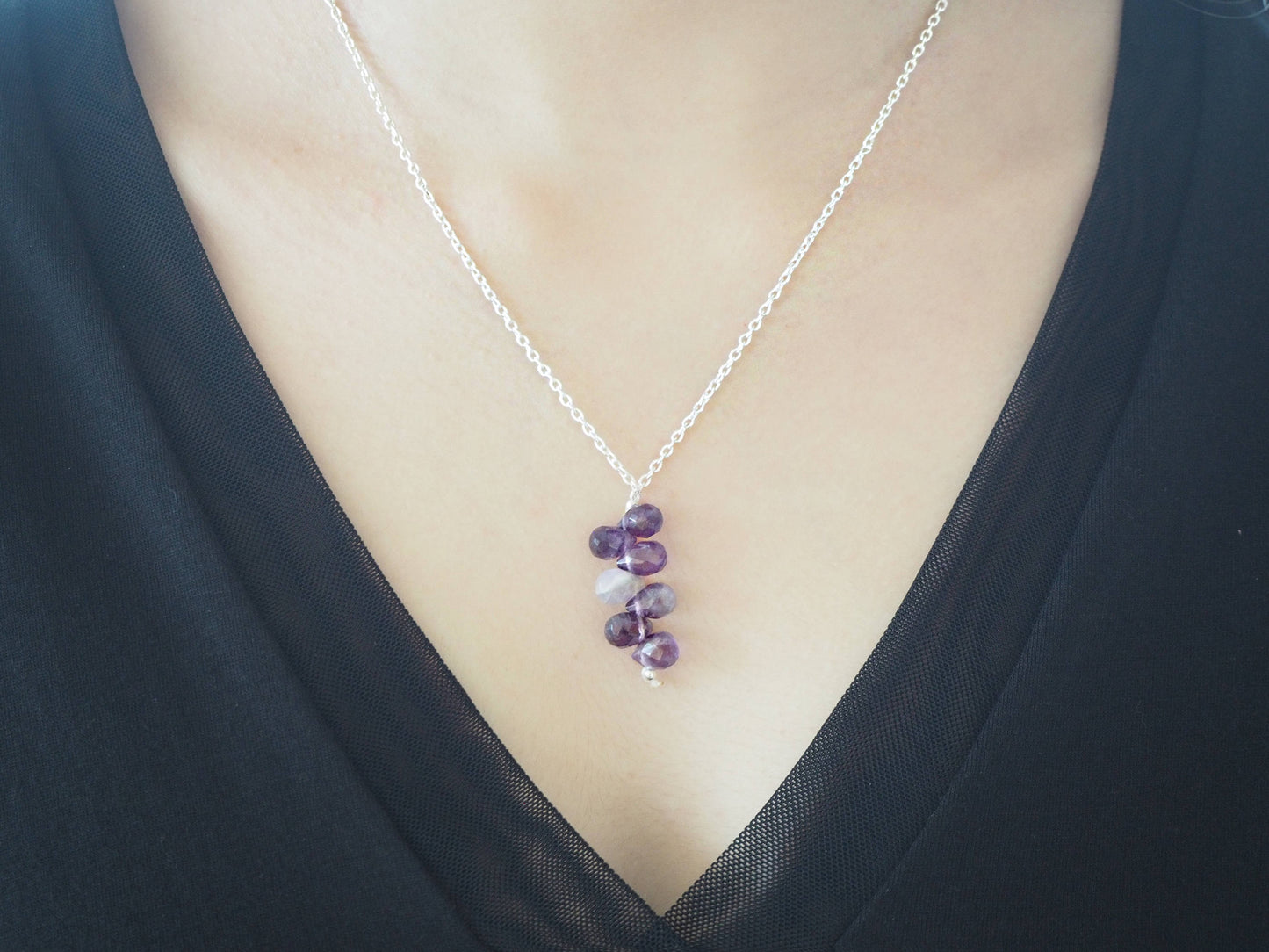 Amethyst quartz pendant and silver chain necklace,  real amethyst briolettes, February, Pisces and 6th anniversary gemstone, gifts for her