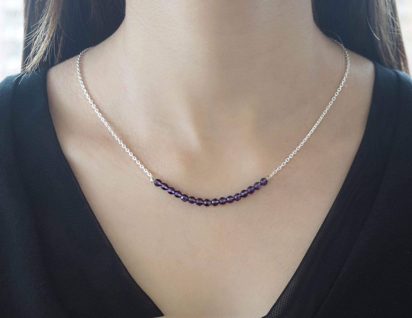 Amethyst quartz and  silver chain necklace