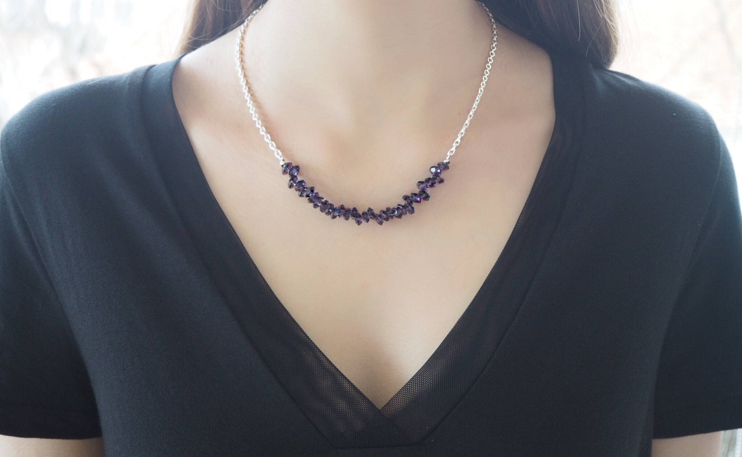 Amethyst quartz rondelles and silver chain necklace