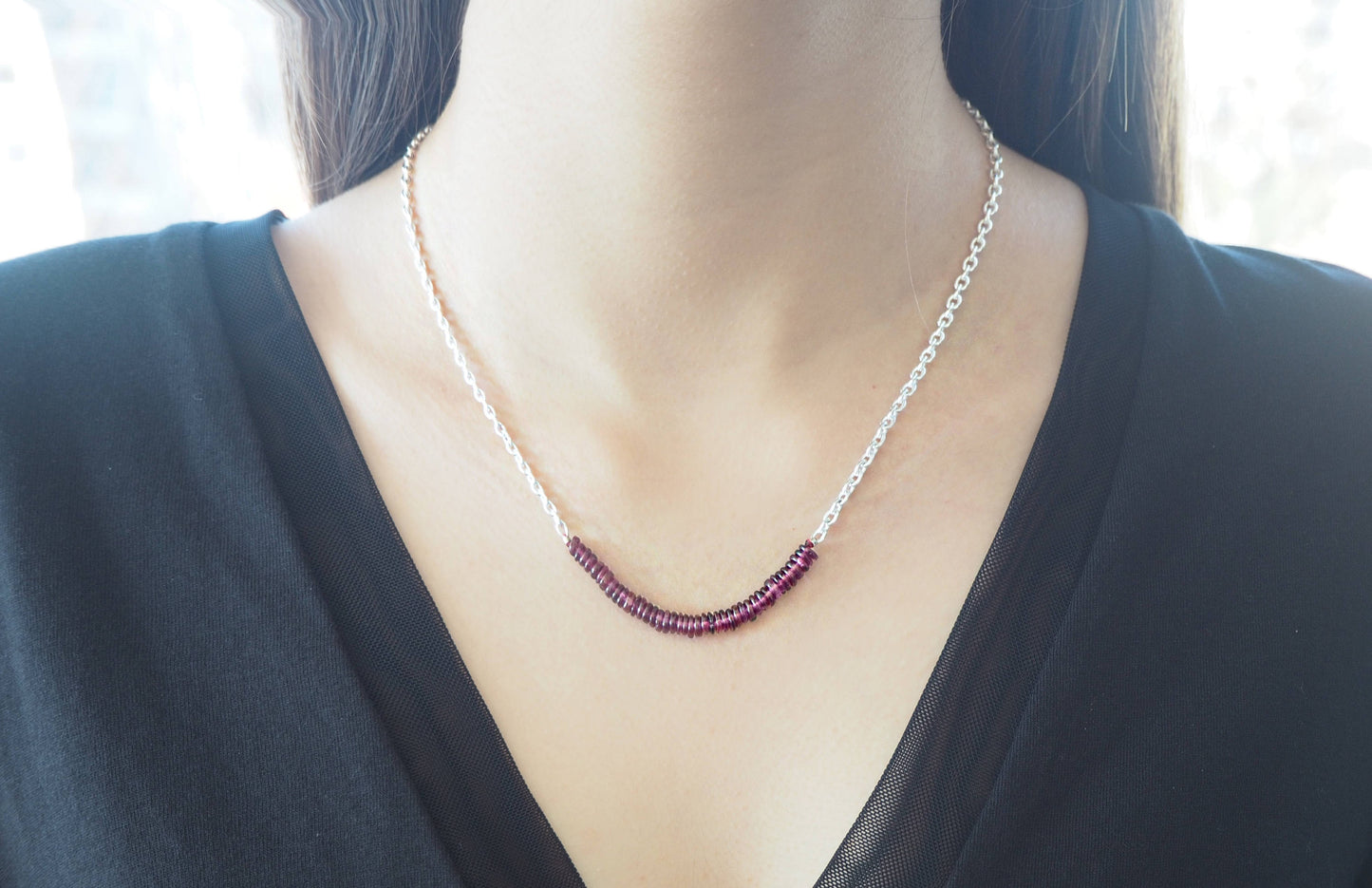 Grenat - Collier chaîne AA rondelles grenat rhodolite et argent