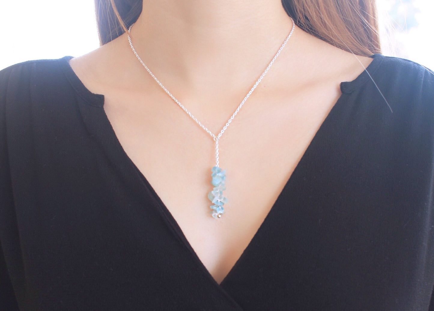 Aquamarine chips pendant and silver chain necklace