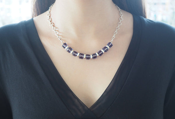 Amethyst quartz cubes and silver necklace, gifts for her, February birthstone, Pisces and 6th-anniversary gemstone, good luck necklace