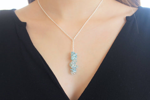 Aquamarine chips pendant and silver chain necklace