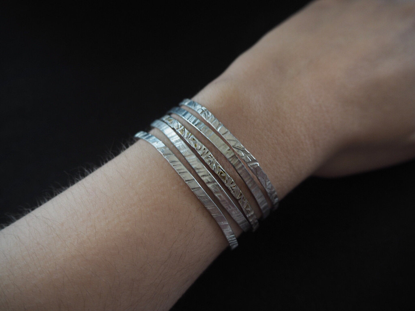 Textures collection - handmade hammered thin bracelets,  set of 3