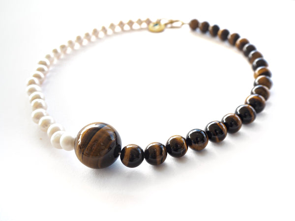 Perla - Conjunto de collar y aretes de perlas de agua dulce y cuarzo ojo de tigre