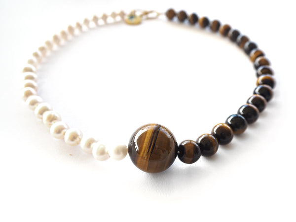 Perla - Conjunto de collar y aretes de perlas de agua dulce y cuarzo ojo de tigre