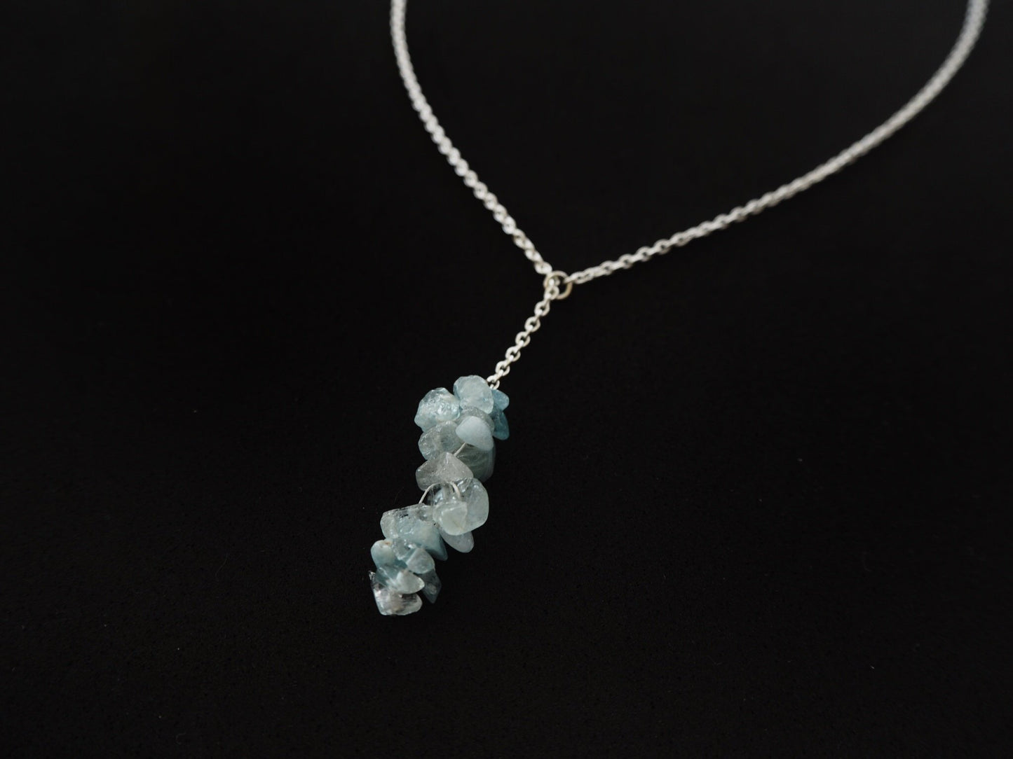 Aquamarine chips pendant and silver chain necklace