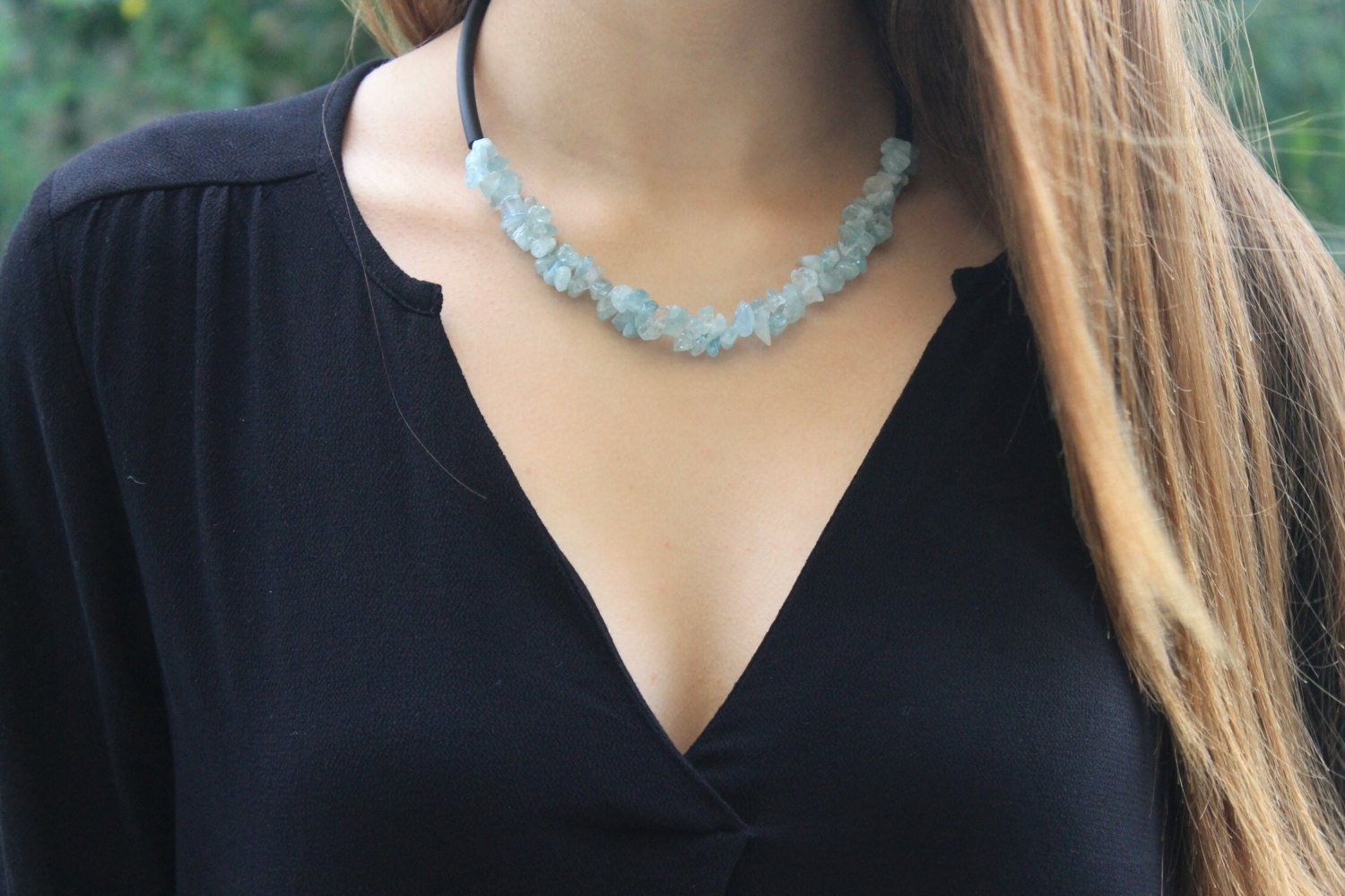 Aquamarine - Raw aquamarine and caocho necklace