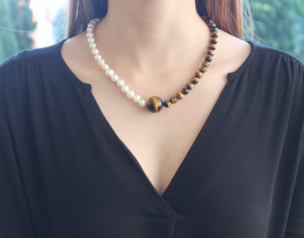 Perle - Ensemble collier et boucles d'oreilles en perles d'eau douce et quartz oeil de tigre